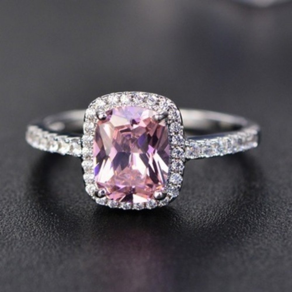 Pink Cushion-Cut Halo Ring with Pavé Sterling Silver Band